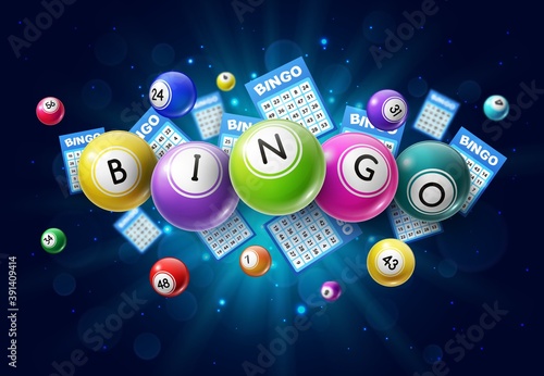 Bingo lotto game balls and lottery cards with lucky numbers on glowing background with sparkles. Vector poster for bingo lottery tv show, keno raffle and lotto win tickets gambling and win chance game photo