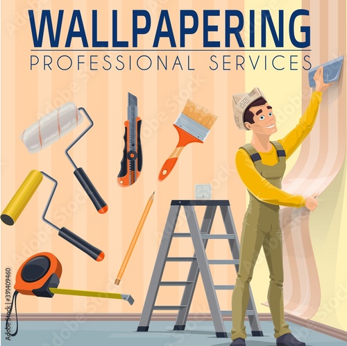 House renovation professional wallpapering service. Workman in overalls and paper hat, aligning wallpaper with smoother, measuring tape, roller bush and utility knife, pencil and stepladder vector
