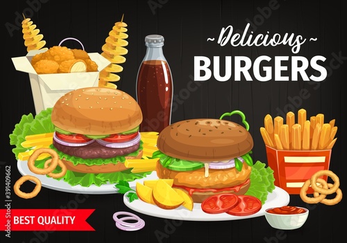Burgers and combo snacks vector fast food hamburgers with lettuce and vegetables  french fries  nuggets and tornado spiral potato. Cola  ketchup sauce and onion rings. Street food meals cartoon poster