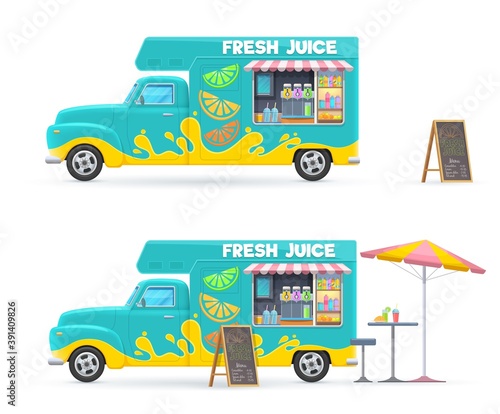 Fresh juice food truck isolated vector retro van with cold drinks, beach umbrella chalkboard menu and table with chair. Cartoon transportation car for street or beach beverages selling, cafe on wheels