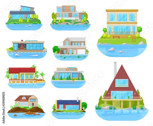 Beach house building isolated vector icons with homes, villas, cottages and bungalows, seashore real estate. Houses on beach of tropical island, ocean, lake or river coasts with palm trees and piers