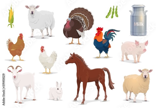 Farm animals cartoon vector sheep, turkey and cock, pig, goat and horse with chicken and rabbit. Corn, milk in tin can and bean pods, farm husbandry production, healthy eco food isolated icons set