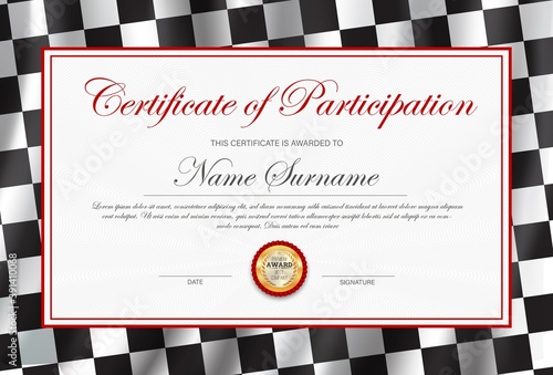 Certificate of participation, diploma vector template with black and white chequered rally flag. Race winner award border design, racing victory success celebration diploma for best result achievement