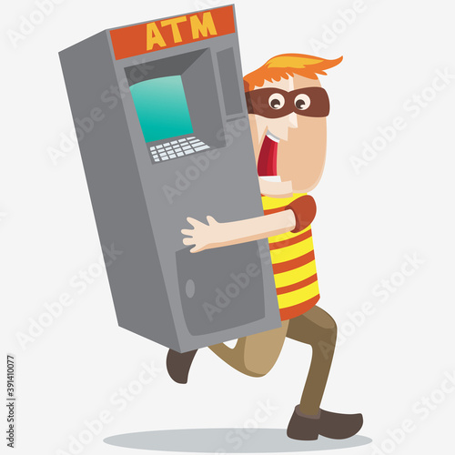 illustration of a man with mask stealing an ATM machine flat artwork vector