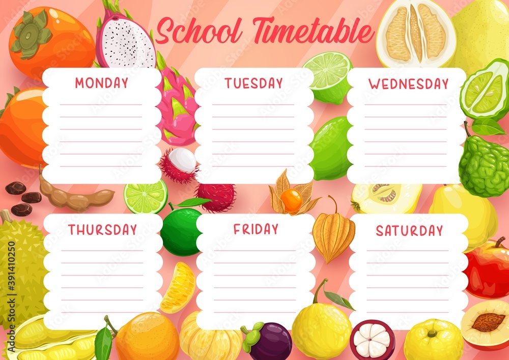 School timetable schedule vector template of education study planner