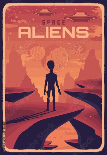 Retro poster with alien and ufo on planet with red surface, vector extraterrestrial creature rear view looking in sky with flying saucers. Space exploration card, outer cosmos with stars and planets