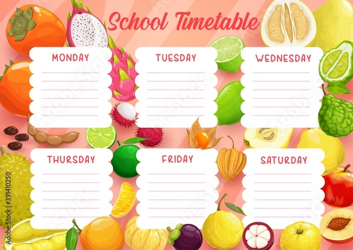 School timetable schedule vector template of education study planner with frame background of exotic fruits. Weekly plan of student lessons or elementary school pupil classes with orange, lime, pomelo