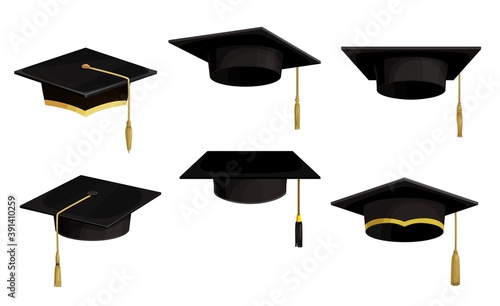 Academic caps isolated vector icons, cartoon university graduation black hats with tassels and golden lace. Students alumni headwear uniform for graduation valedictorian ceremony, mortarboard caps set