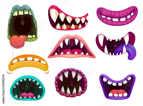 Monster mouths with sharp teeth and tongues. Cartoon funny aliens close and open os smiling, laughing roar and show scary fangs with dripping saliva. Monster jaws, crazy beast gobs isolated icons set