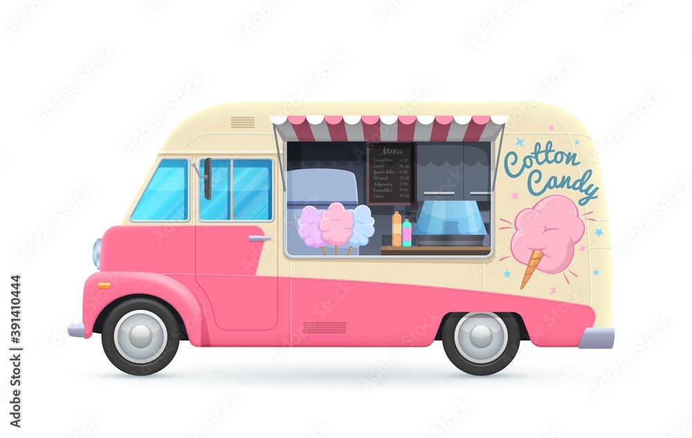 Cotton candy food truck, isolated vector van, cartoon car for street food desserts selling. Pink automobile cafe or restaurant on wheels with sweet candy cotton assortment, canopy and chalkboard menu