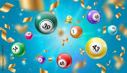 Lottery balls 3d vector bingo, lotto or keno gambling games colourful spheres with lucky numbers of winning combination falling with gold confetti. Gaming leisure activity recreation, lottery raffle