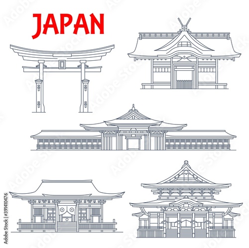 Japan landmark icons, temples in Tokyo, pagodas and Torii Gates in Itsukushima Ryobu, vector. Japan travel architecture landmarks Kokubunji temple Zenko-ji in Nagano, Sumiyoshi-taisha shrine in Osaka