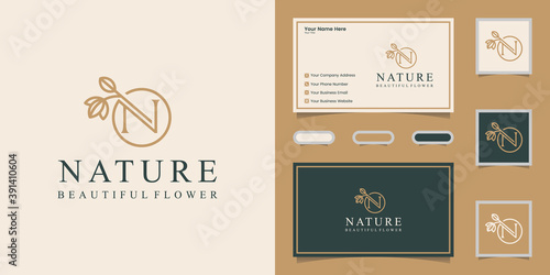 letter N nature and leaf logo template and business card