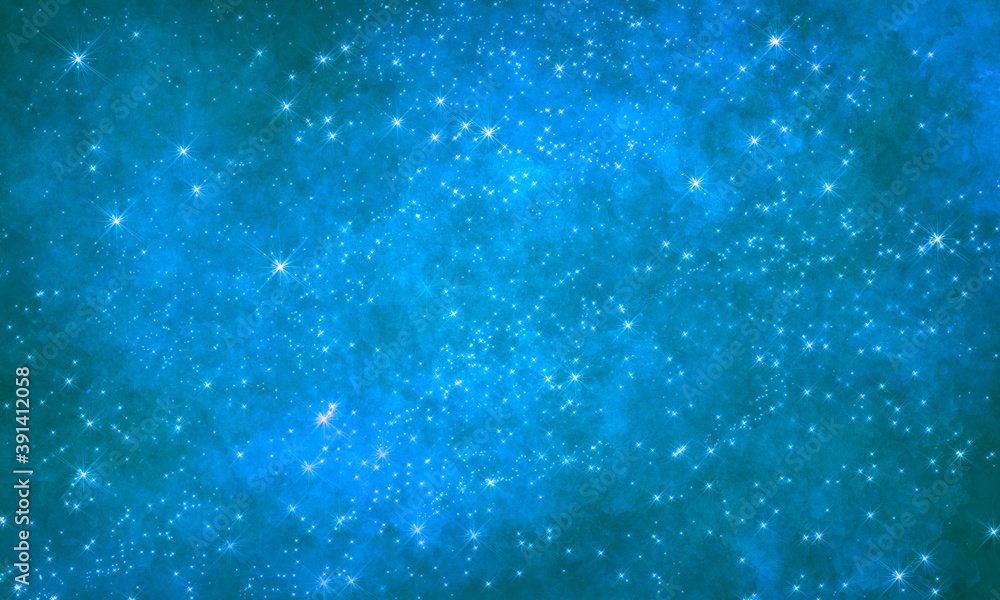 blue bright saturated space background with many stars and grunge texture. Stylish background for the design of banners, cards, brochures, greeting, invitation
