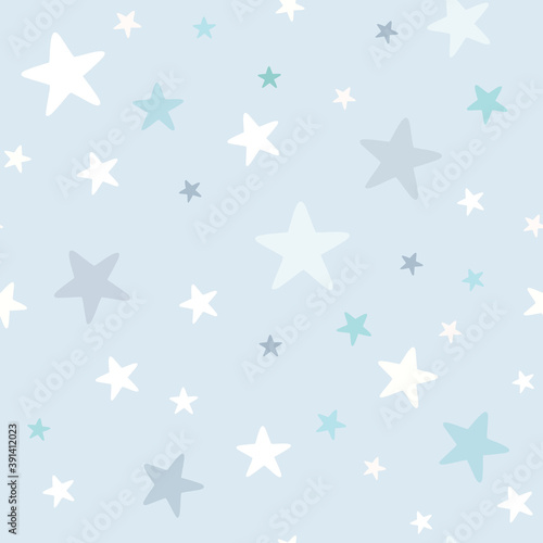 Baby boy nursery seamless pattern with grey stars on blue background. Perfect for fabric, textile, nursery decoration, baby shower. Surface pattern design.