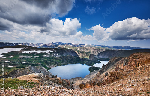 View from the Beartooth Highway in Wyoming over Twin Lakes and the mountains near Beartooth Pass photo