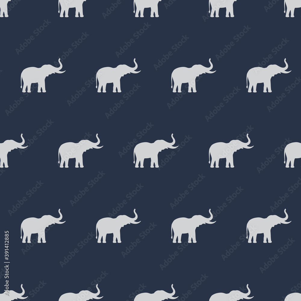 Animal seamless pattern and textile design. Vector illustration with gray elephant silhouette on deep blue background. Good for t-shirt design, fabric print, greeting card, wrapping, wallpapers. Animal seamless pattern and textile design. Vector illustration with gray elephant silhouette on deep blue background. Good for t-shirt design, fabric print, greeting card, wrapping, wallpapers.