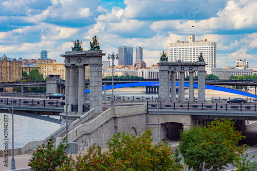 Moscow. Russia. Moscow Bridges. Arches of the Borodino bridge. Moscow architecture. Bridge and buildings in the center of the capital. The landscape of the city of Moscow. Tourism in Russia. photo