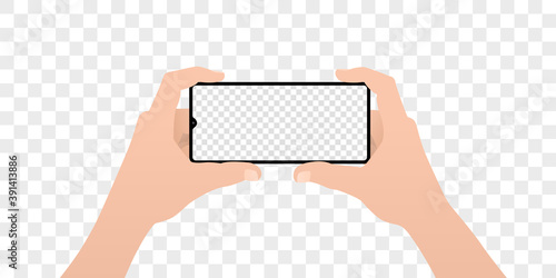 Editable Smartphone Template Mockup. Hold Phone Horizontally with Both Hands with Transparent Screen Closeup. Viewing Content, Photos, Videos, Chatting. Learning Concept, Greeting Online