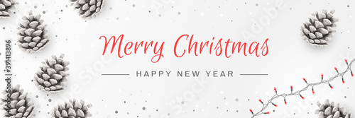 Merry Christmas and Happy New Year Invitation. Christmas Background with Pinecones, Led Lights, Caligraphy Text. Creative Design Greeting Card, Banner, Poster. Top View , Xmas Decoration