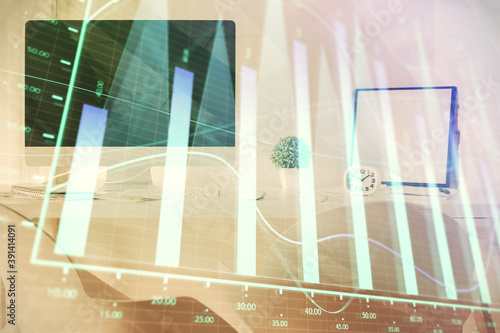 Multi exposure of stock market chart drawing and office interior background. Concept of financial analysis. © peshkova