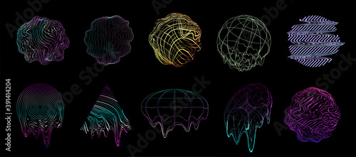 Retrofuturistic design in 80s-90s. Circle shapes with glitch and liquid set. Illuminated holographic Vaporwave, synthwave. Memphis shapes retrofuturism style for design t-shirt and merch. Vector