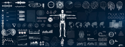 HUD elements interface for GUI, UI, UX design. Collection hi-tech elements - charts, graphics, glitch shapes, futuristic circle, Earth globe, infographics, sci elements and other. Vector HUD shapes