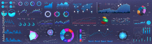 Dark infographics, charts and graphs collection. Business presentation and marketing statistic workflow. Big set elements -financial analysis, circle infographics, diagrams and other. Vector set