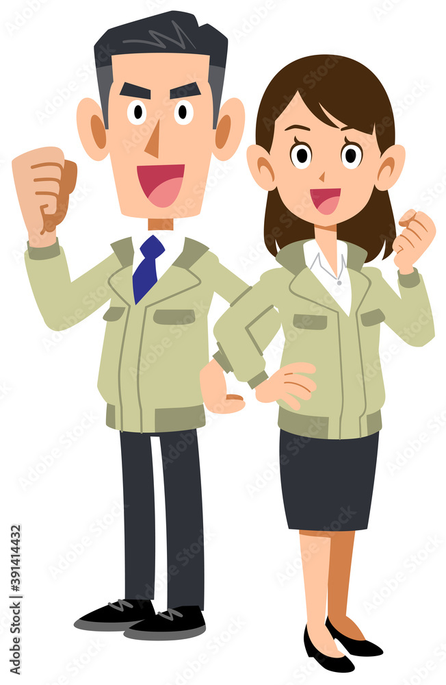 背中合わせでガッツポーズする作業着を着た男女の全身
