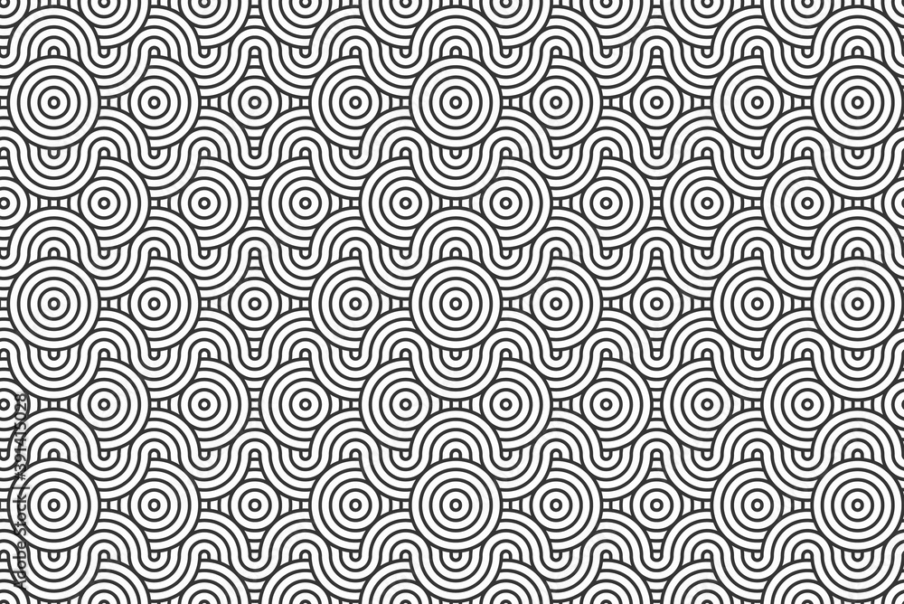 Fototapeta premium Vector abstract circles and wavy lines shape overlapping dimensional geometric seamless pattern, use for template, material, element, ornament background.