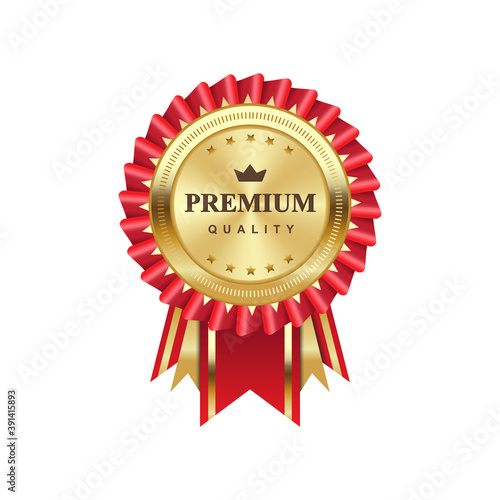 Luxury, premium, commercials, realistic vector design of golden badge with red ribbon. Vector 