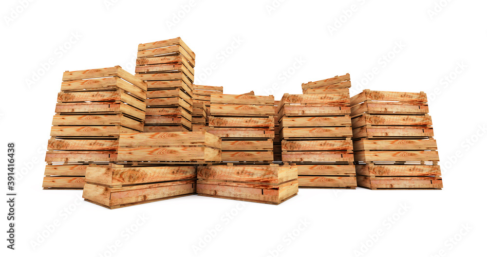 3D render of Wooden crates stack isolated on white background. Empty wooden crates 3D render of Wooden crates stack isolated on white background. Empty wooden crates