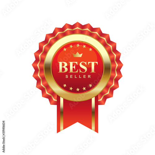 Premium, best seller, luxury,  commercials, realistic vector design of golden badge with red ribbon