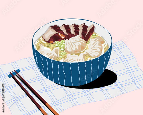 Steamed dumplings and duck noodles with soup in the bolw on a plate mat. Close up food hand drawing vector illustration.