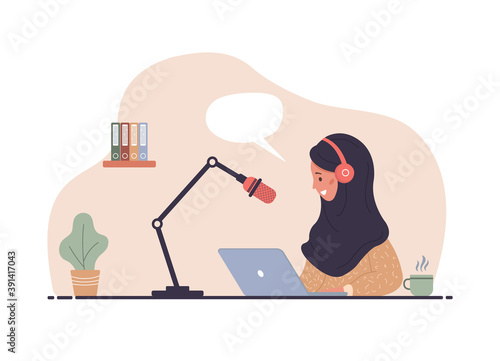 Flat vector illustration of podcast. Islamic woman in headphones at table recording audio broadcast. Interview with radio host. Cartoon style.