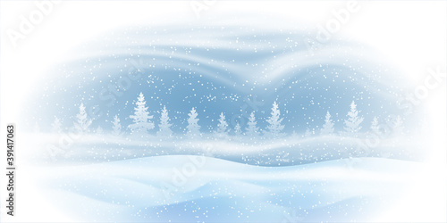 Fantasy on the theme of the winter landscape. Falling snow, forest and blizzard. Vector illustration, vignette.