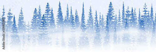 Fantasy on the theme of the winter landscape. Falling snow, forest and blizzard. Vector illustration, banner.