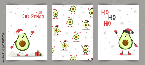 Cute christmas cards with avocado in santa hat. Season greetings. Vector illustration in cartoon style. Holiday design for posts, cards, flyers.