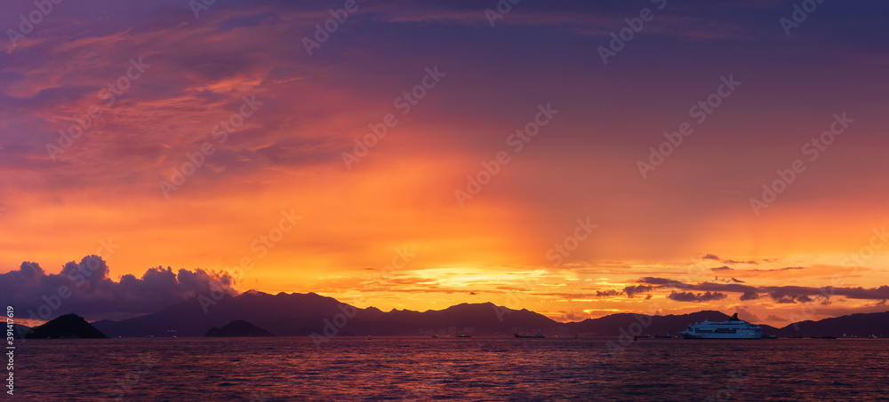 Panorama of Hong Kong harbor under sunset Panorama of Hong Kong harbor under sunset