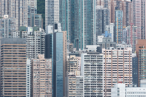 Exterior of high rise buildings in downtown district of Hong Kong city