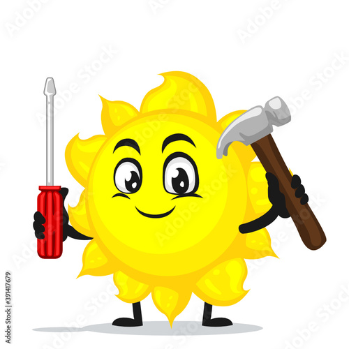 vector illustration of sun mascot or character holding hammer and screwdriver