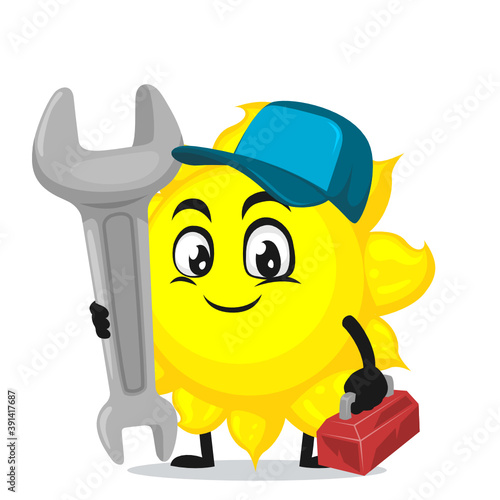 vector illustration of sun mascot or character wearing service costume and holding wrench