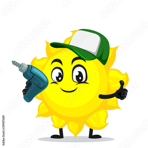 vector illustration of sun mascot or character holding hand drill