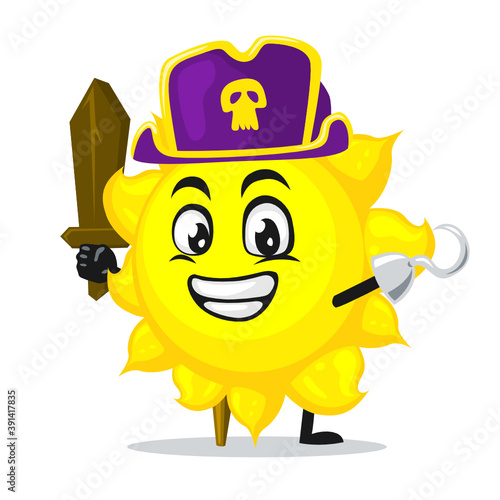 vector illustration of sun mascot or character wearing pirates costume and holding wooden sword