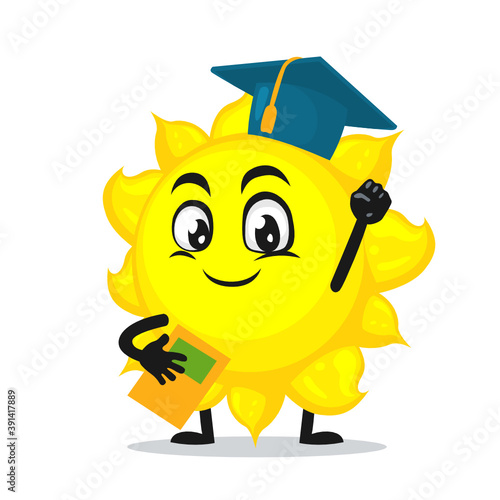 vector illustration of sun mascot or character graduation hat and holding book