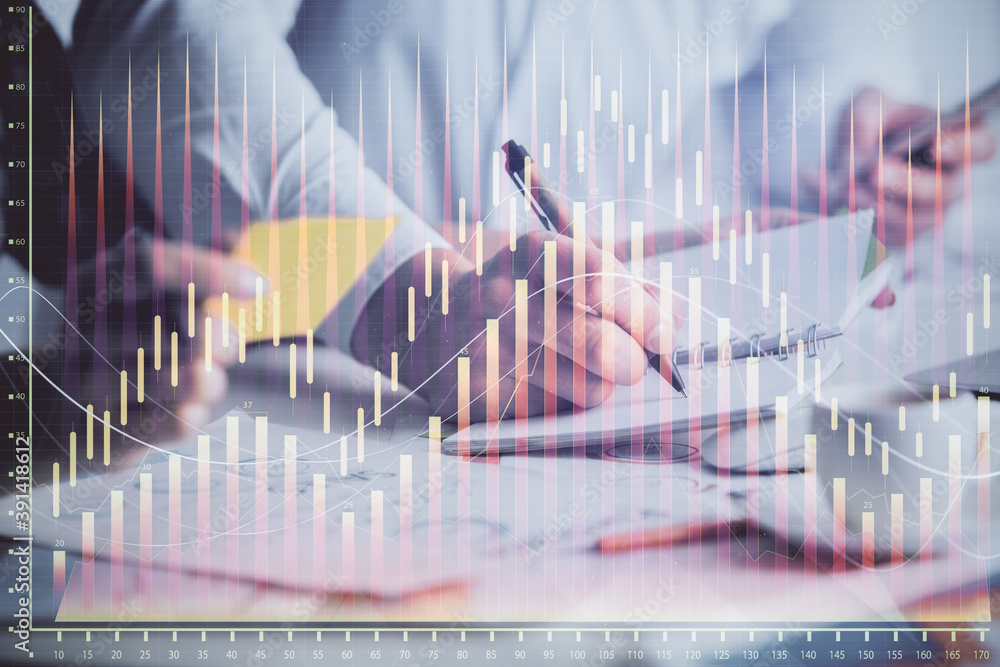 Double exposure of forex graph drawing over people taking notes background. Concept of financial analysis Double exposure of forex graph drawing over people taking notes background. Concept of financial analysis