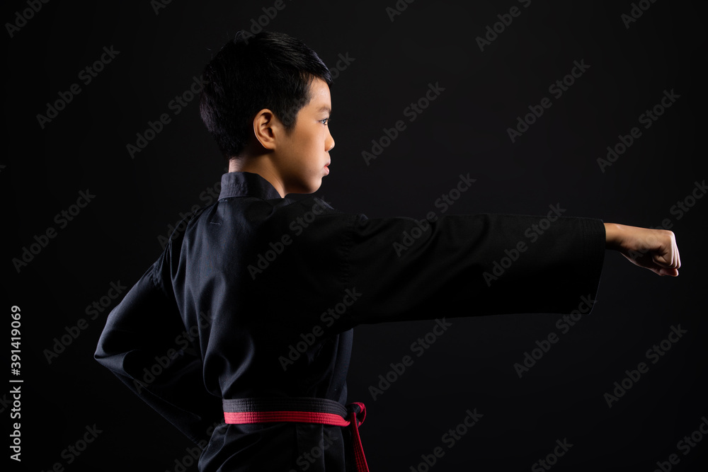 TaeKwonDo Karate teenager athlete kick punch black background isolated TaeKwonDo Karate teenager athlete kick punch black background isolated