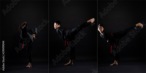 TaeKwonDo Karate teenager athlete kick punch black background isolated