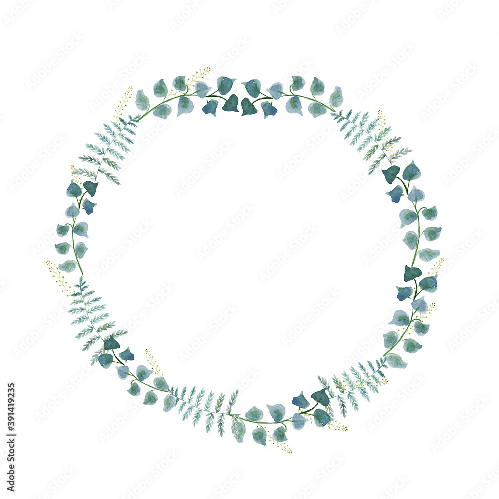 Fototapeta premium Geometrical gold frame with watercolor plants. Leaves, branches. Greeting Cards, Posters, Banners.