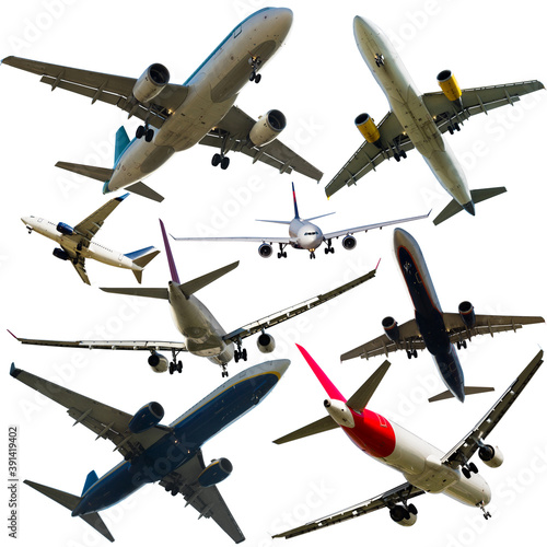 Airplanes flying, collection isolated on white background. High quality photo